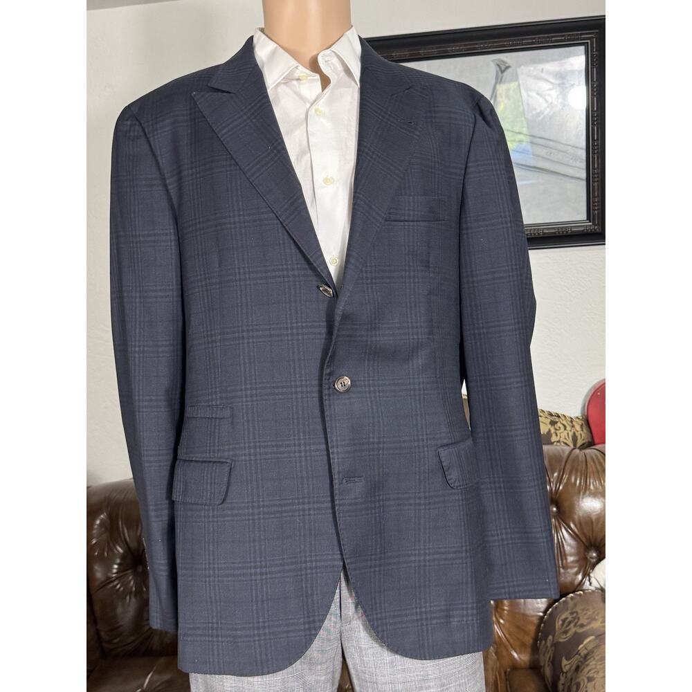 Brunello Cucinelli Navy Peak Lapel Wool Sportcoat Suit Jacket Blazer Plaid 54/44
